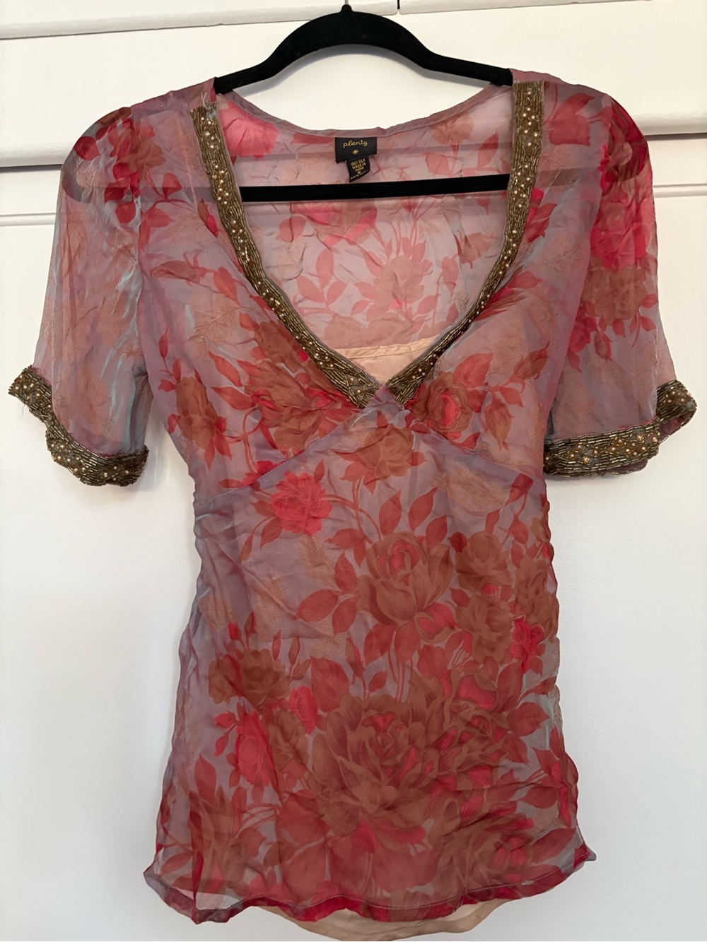 Plenty Vintage Silk Floral Women’s Top in Red and Tan with Gold Trim
